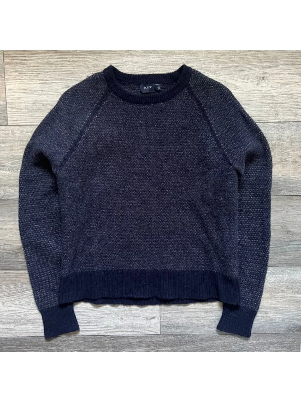 J.Crew Women's L Pullover Crewneck Wool Sweater Navy Waffle Knit 100% Lambswool
